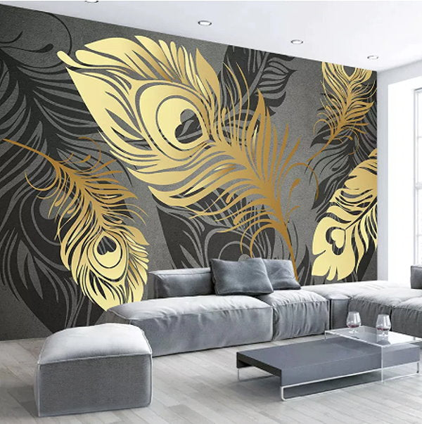 Stylish 3D Abstract Gold Feathers Gray Background Wallpaper Wall Mural