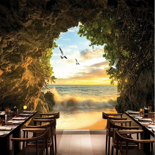 3D Cave Sea View Wall Mural Rough Water Beach Wallpaper for Walls