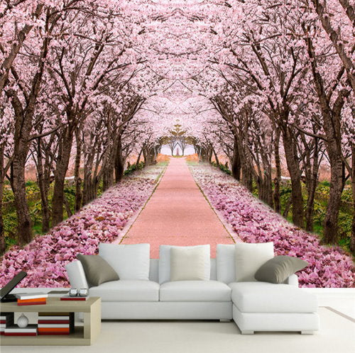 3D Pink Cherry Blossom Trees Park Wallpaper Mural for Home or Business