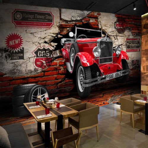 3D Red Vintage Car Retro Theme Wallpaper Mural for Bar Restaurant Cafe –  
