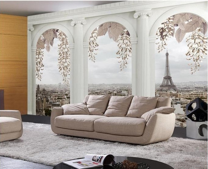 3d European Style Column Arches Open Air Eiffel Tower View Wallpaper –  