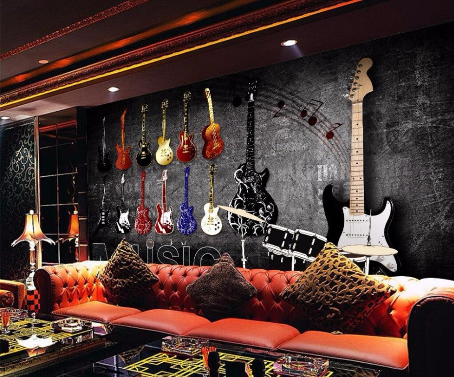 3D Nostalgia Musical Theme Wallpaper Guitars, Drums Retro Wall Mural –  