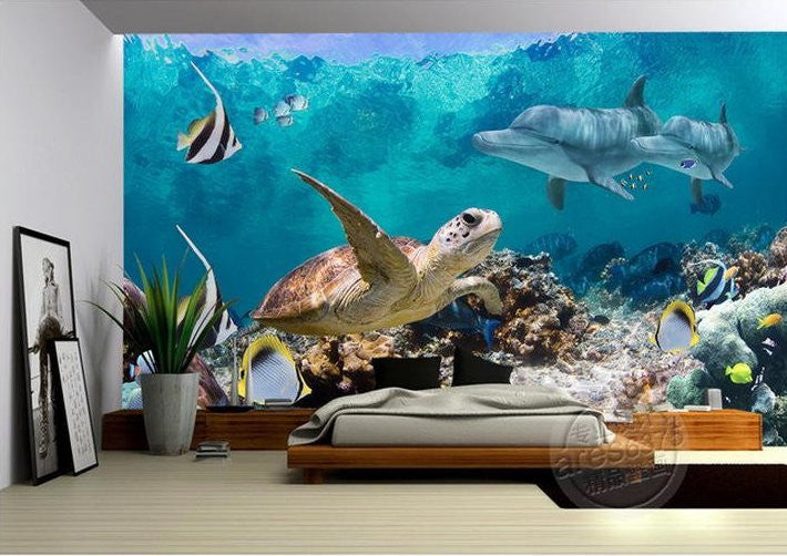 3d Wallpaper Underwater Fish Turtle Dolphin Wall Mural