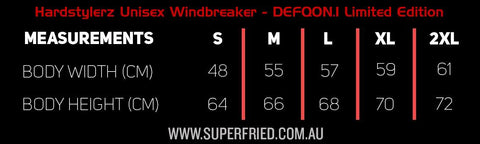Hardstylerz Australia Windrunner Size Chart Measurement