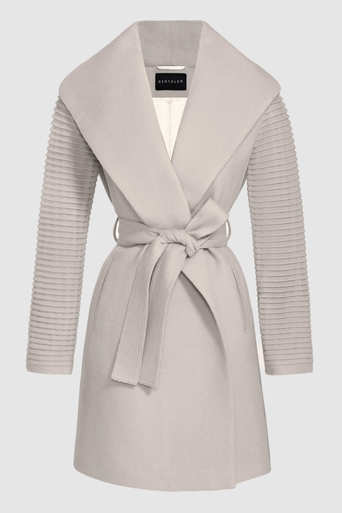 SENTALER Mid Length Hooded Wrap Coat in Bleeker Beige - Size S