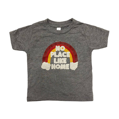 Todder sized short sleeved heather gray t-shirt that says No Place Like Home atop a dark red, bright red, and yellow rainbow with clouds at each end, one in the shape of Ohio and one in the shape of a cloud.