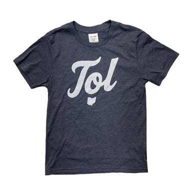 Short sleeved heather navy youth shirt with "Tol" in large script across center chest with a small state of Ohio icon beneath it. All in white ink.