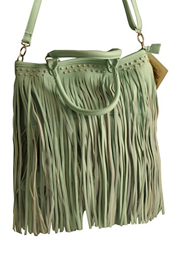 Womens Large Bucket Purse with 2 Layers of Fringe and Lined Interior