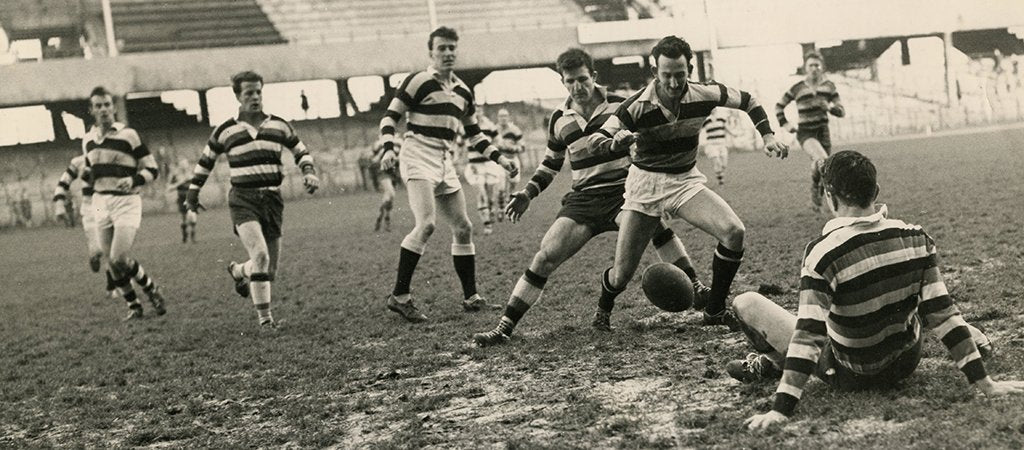 Lexie Tynan playing rugby at Belvedere College in Dublin in the 1950s 