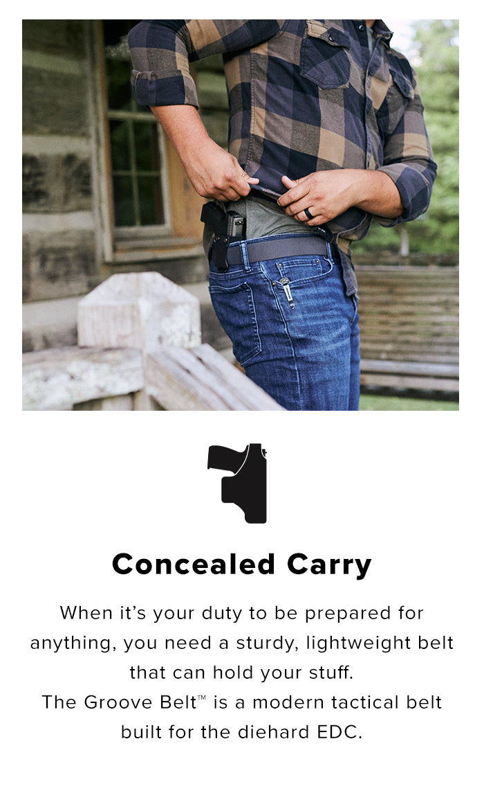 Man using his groove belt to holster his pistol