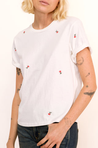 Classic Tee with Rosebud Embroidery <br> Vintage White