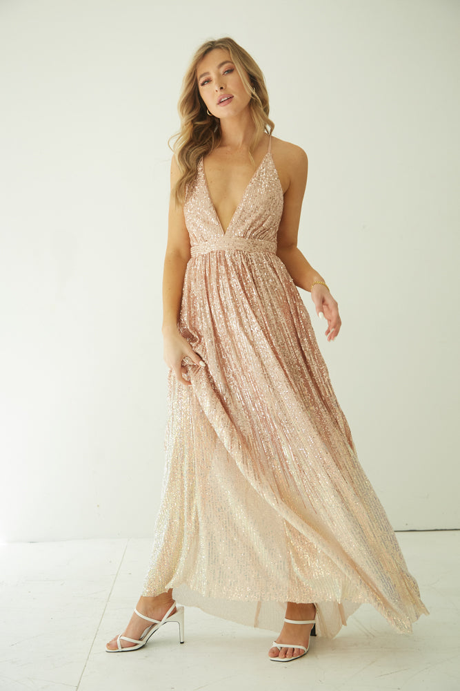 rose gold sequin maxi dress