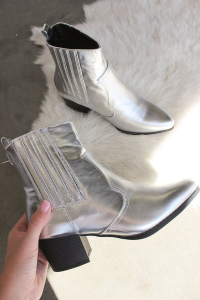 shiny silver ankle boots