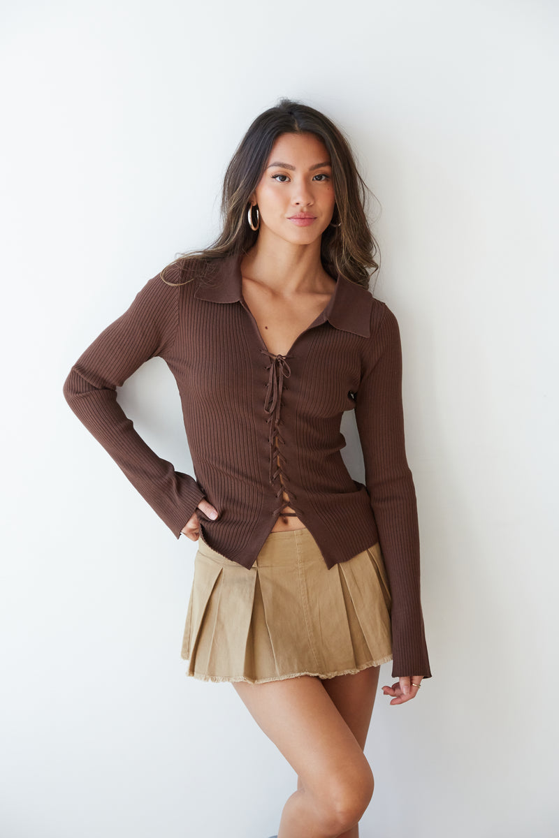 tan lace up shirt