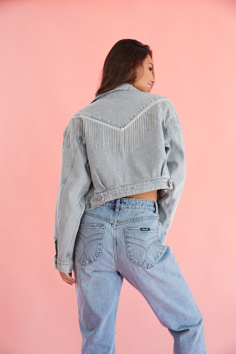 Carley Rhinestone Fringe Denim Jacket • Shop American Threads Women's  Trendy Online Boutique – americanthreads