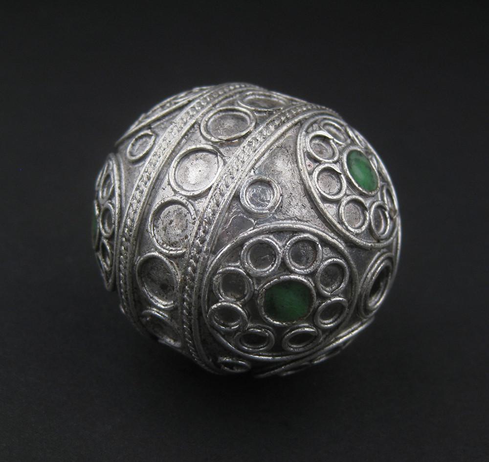 Jumbo Artisanal Enamel Inlaid Emerald Green Berber Bead Pendant 39mm Morocco