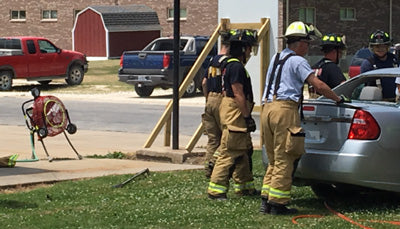 Pittsfield Fire uses a Ventry Mister to cool fire fighters during an extrication demonstration for the public.