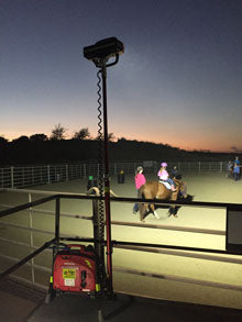Portable LED, Lentry Model 1STARX, lights the arena of the Therapeutic Riding Center of Huntington Beach (CA). This light emits 20,000 lumens using only 240 watts. Photo courtesy TRCHB.