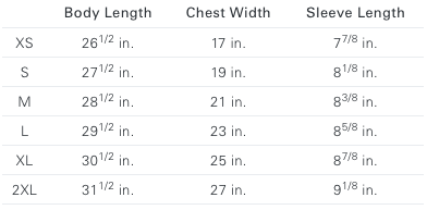 Bled t-shirt size chart