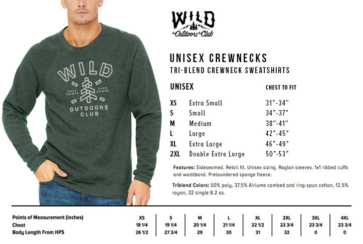 Wild Outdoors Club Crewneck Size Chart