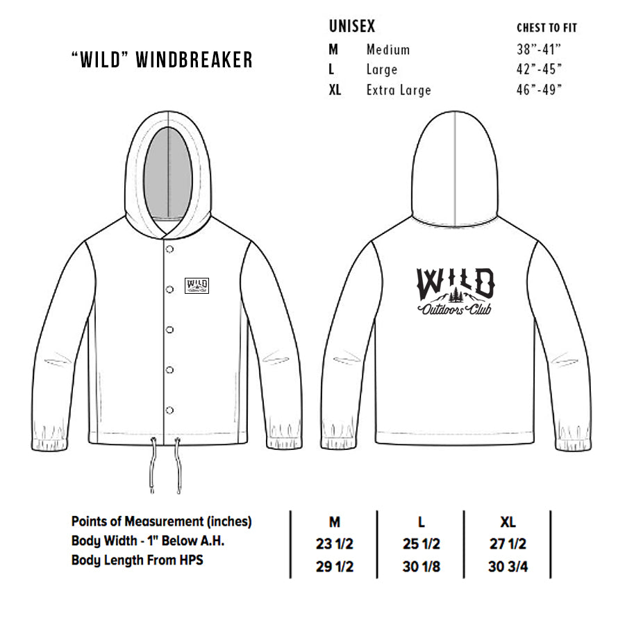 Wild Outdoors Club Windbreaker Size Chart