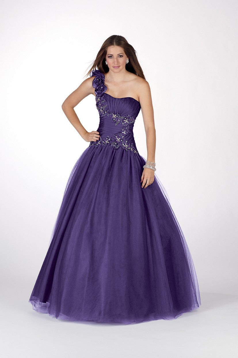 Single Shouldered Floor Length Gown With Pleated And Beaded Bodice
