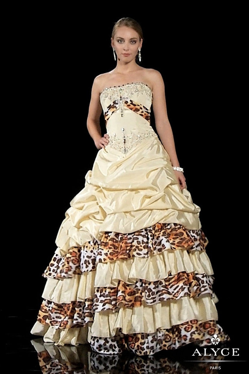 Strapless Floor Length Gown With Animal Prints And Pick-Up Skirt