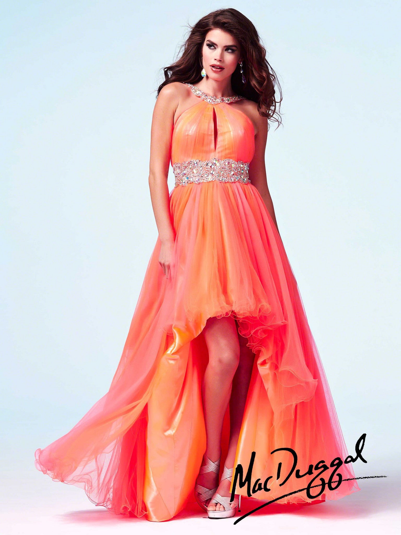 Beautifully Frilled High-Low Dress With Charming Halter Neck And Chunky Embroidered Center Band