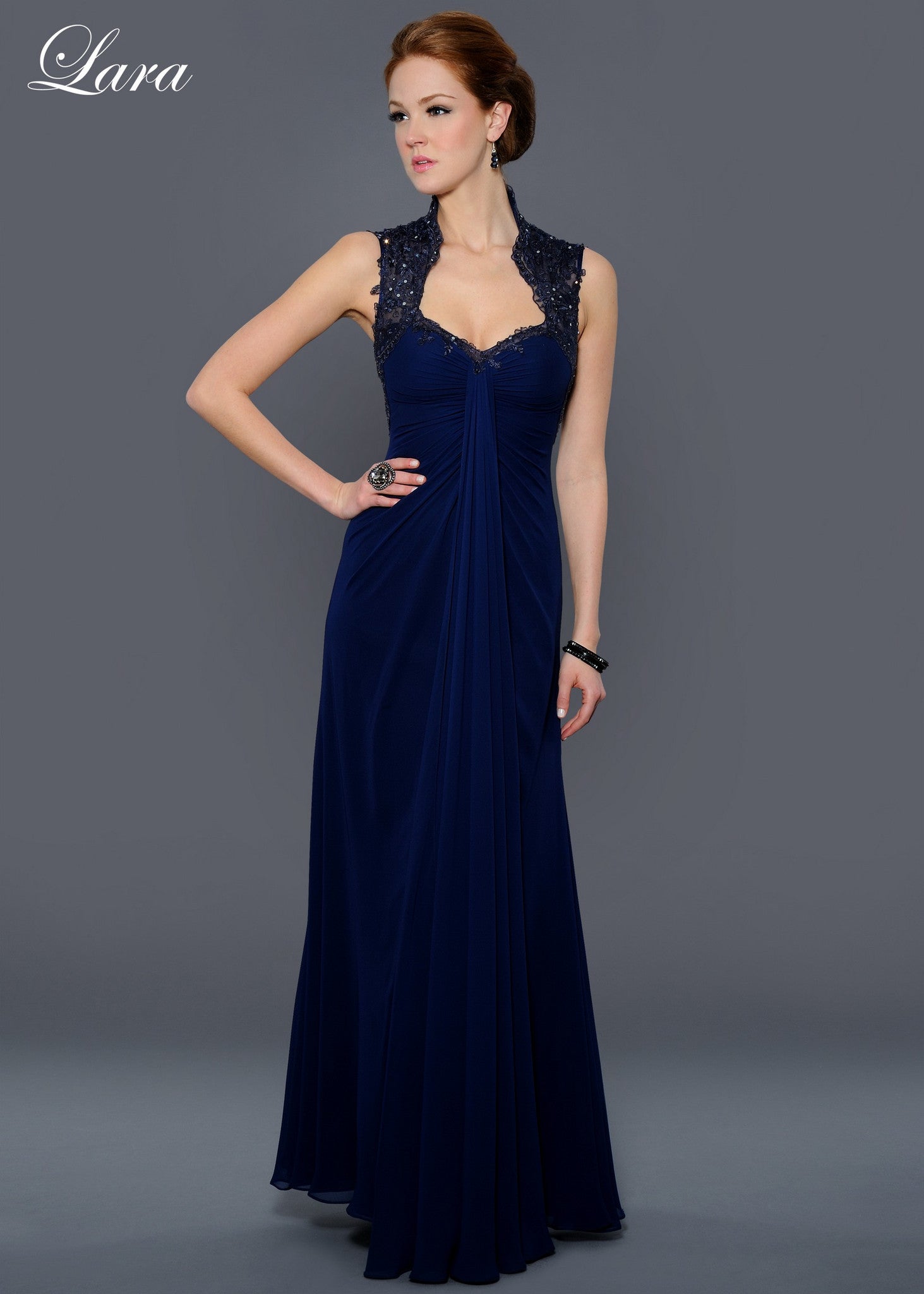 Floor Length Gown With Draped Bodice And Queen Anne Neckline