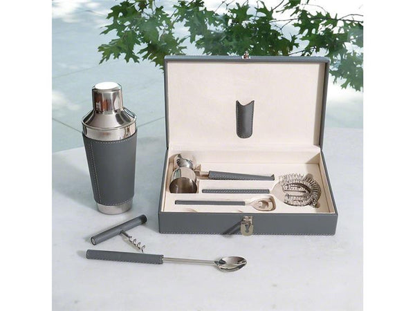 Boxed Bar Tool Set-Leather Grey/Stainless Steel