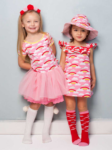 Claudia Pink Rainbow Dress Sizes in 2Y - 8Y, Rosie Set Sizes in 1Y - 4Y (with free shorts) PLUS Knee High Socks in Rainbow Print too! - Alex's Design Notes | Oobi Girls Kid Fashion