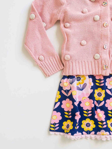 Pink Bobble Cardigan and Darcy Dress in Navy Scandi Flowers