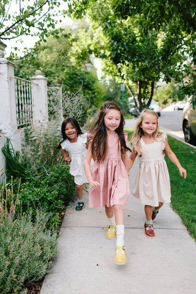 Wren & James Linen Pinafores in Dusty Rose, Orchid and Natural