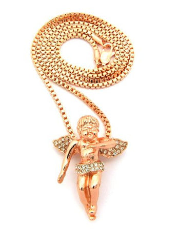 Pave Baby Angel Cherub Micro Pendant w/ 24" Box Chain - Rose Gold Tone MMP2RGBX
