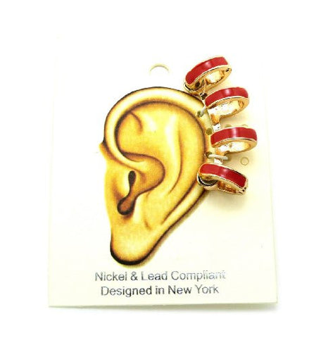Red Accent Magnetic 4 Ring Ear Cuff in Gold-Tone