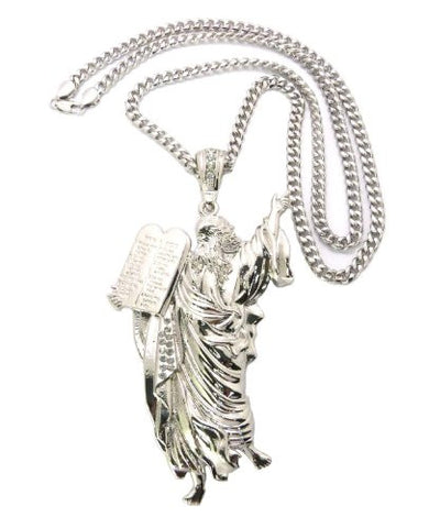Moses and 10 Commandments Pendant in Silver Tone w/ 36" Cuban Chain CP53R