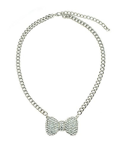 Rhinestone Studded Petite Bow Pendant 5mm 14" Link Chain Necklace in Silver-Tone