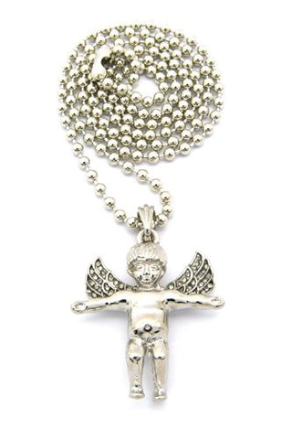 Flying Wing Cherub Angel Micro Pendant w/ 27" Ball Chain - Silver Tone MMP50RBC