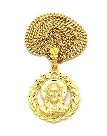 Polished Mercy Jesus Head Pendant with 3mm 24" Concave Diamond Cut Cuban Chain Necklace in Gold-Tone