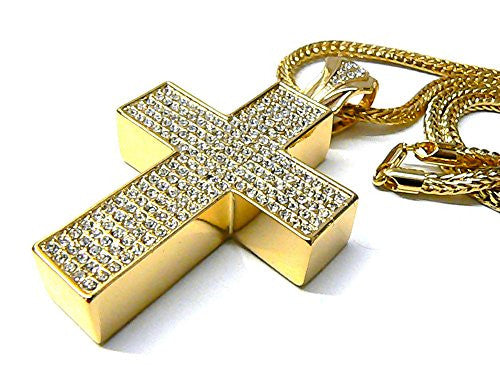 Iced Out Big Block Cross Pendant With 36 Franco Chain Necklace Gold Nyfashion101