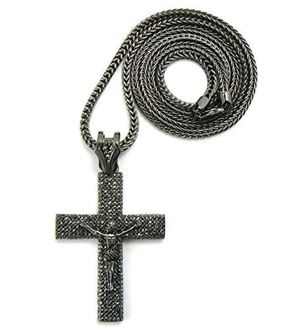 Pave Crucifixion Jesus Cross Pendant with 36" Franco Chain Necklace - Hematite-Tone MP495HE