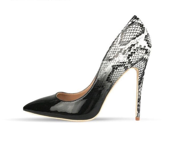 black and white snakeskin pumps