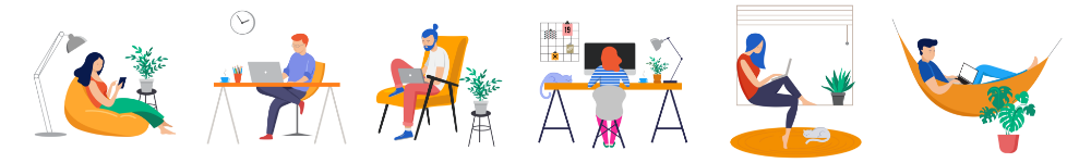 Illustration of people sitting on computers working around the house