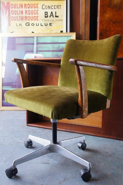 Vintage Retro Green Velvet Swivel Desk Chair on Casters with Wooden Ar