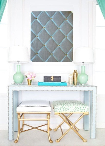 Duck Egg Blue Linen Message Board with Dressing Table & Gold Stools