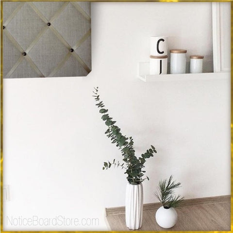 Eucalyptus Sprigs in Kitchen with Gold Linen Memo Board. NoticeBoardStore.com