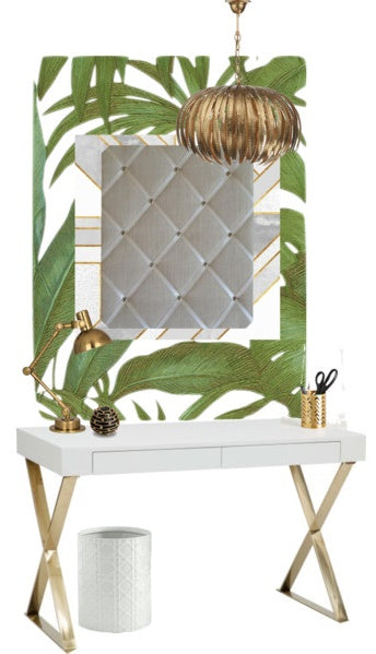 Ivory Notice Board with white & gold desk, tropical palm wallpaper 