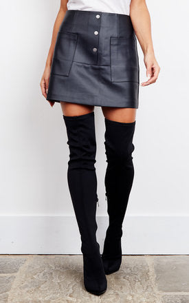 J.O.A. High Waisted Button Down A-Line Faux Leather Mini Skirt in Black |  SURFACED