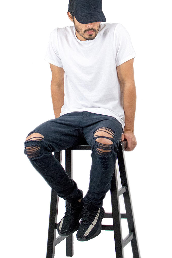 black ripped tapered jeans mens