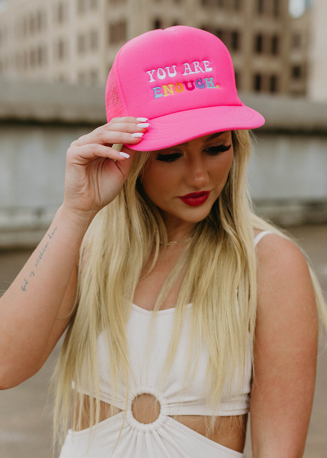 neon pink trucker hat